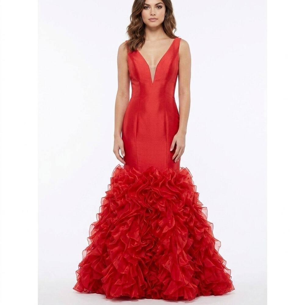 NWT Jovani Red Mermaid Maxi Ruffle Dress Women Size 00
